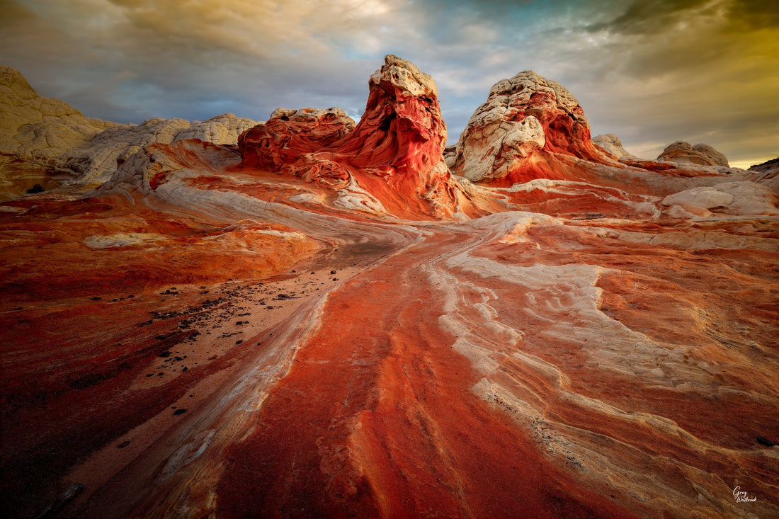 Deep red sandstone waves flowing across a desert landscape, sculpted by wind and time under warm natural light photography by Greg Westbrook