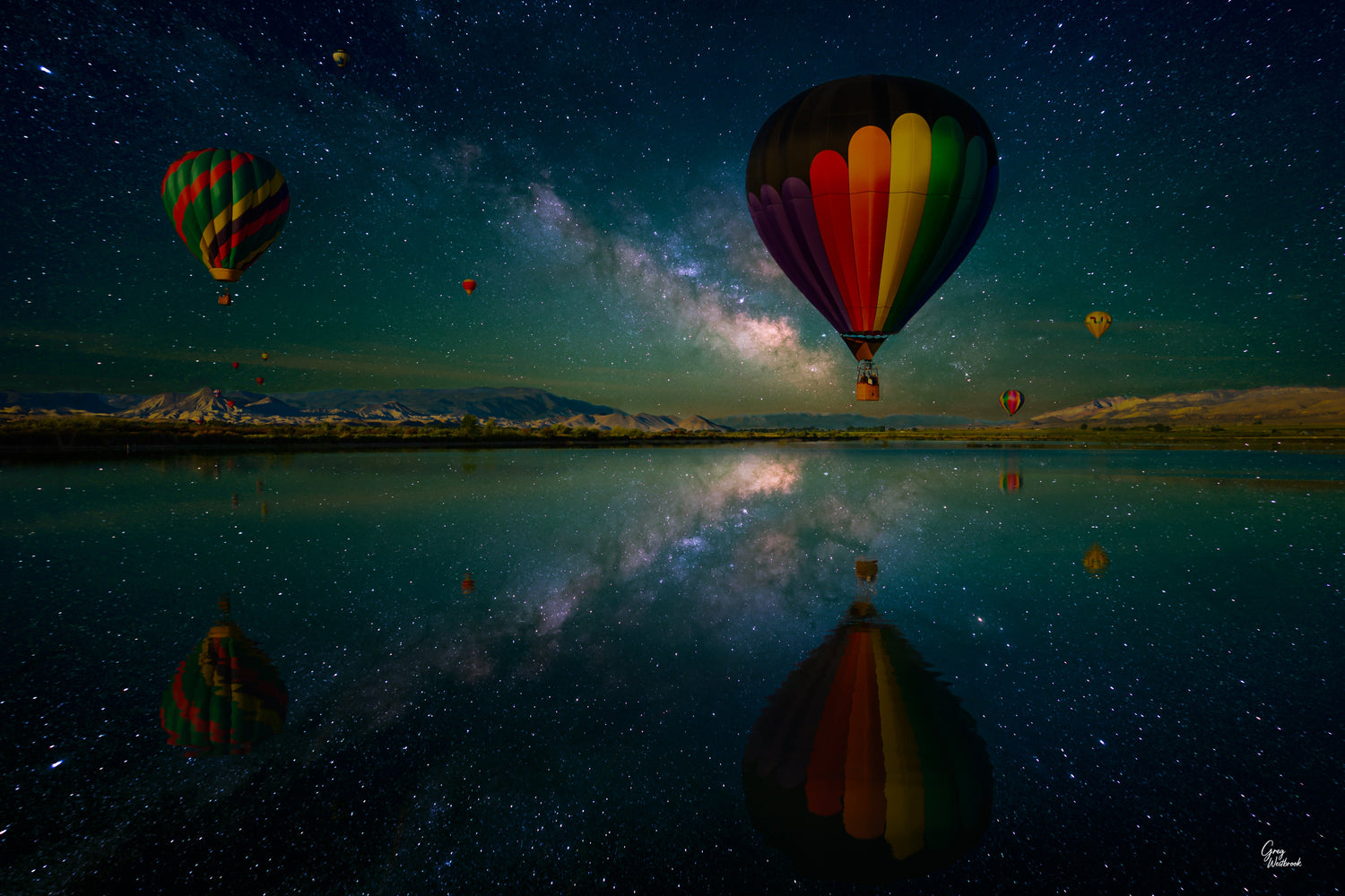 Colorful hot air balloon rising above a reflective lake under a star-filled Milky Way sky fine art photography collection