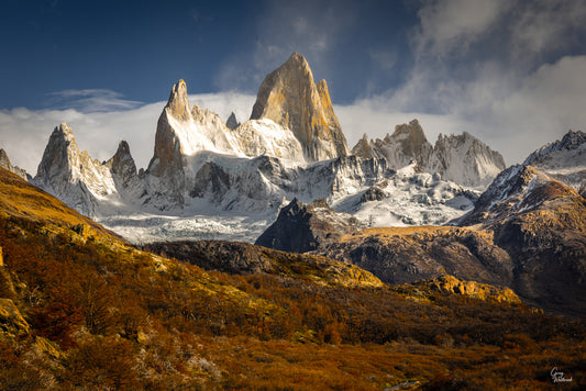 Snow-capped mountain peaks with a clear sky in Patagonia fine art photography print by Greg Westbrook