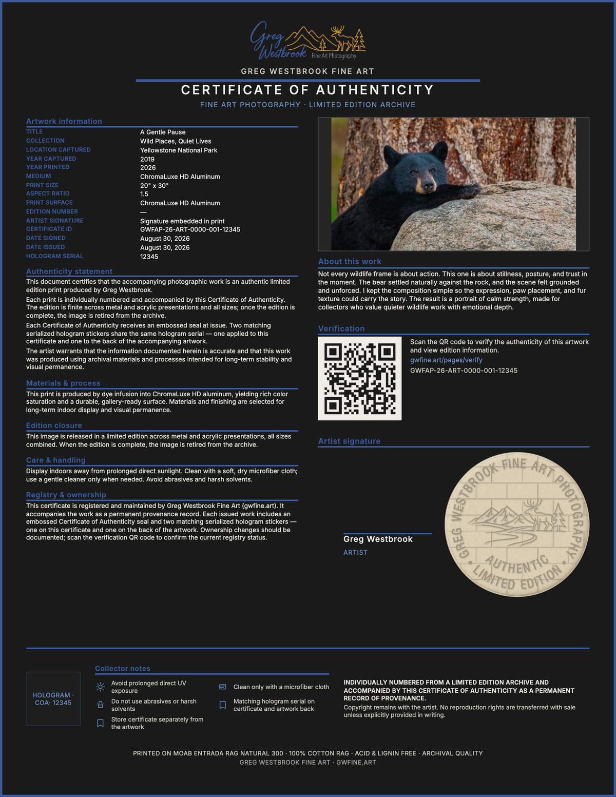 Certificate of Authenticity. Seal, hologram serial, and a QR you can verify.