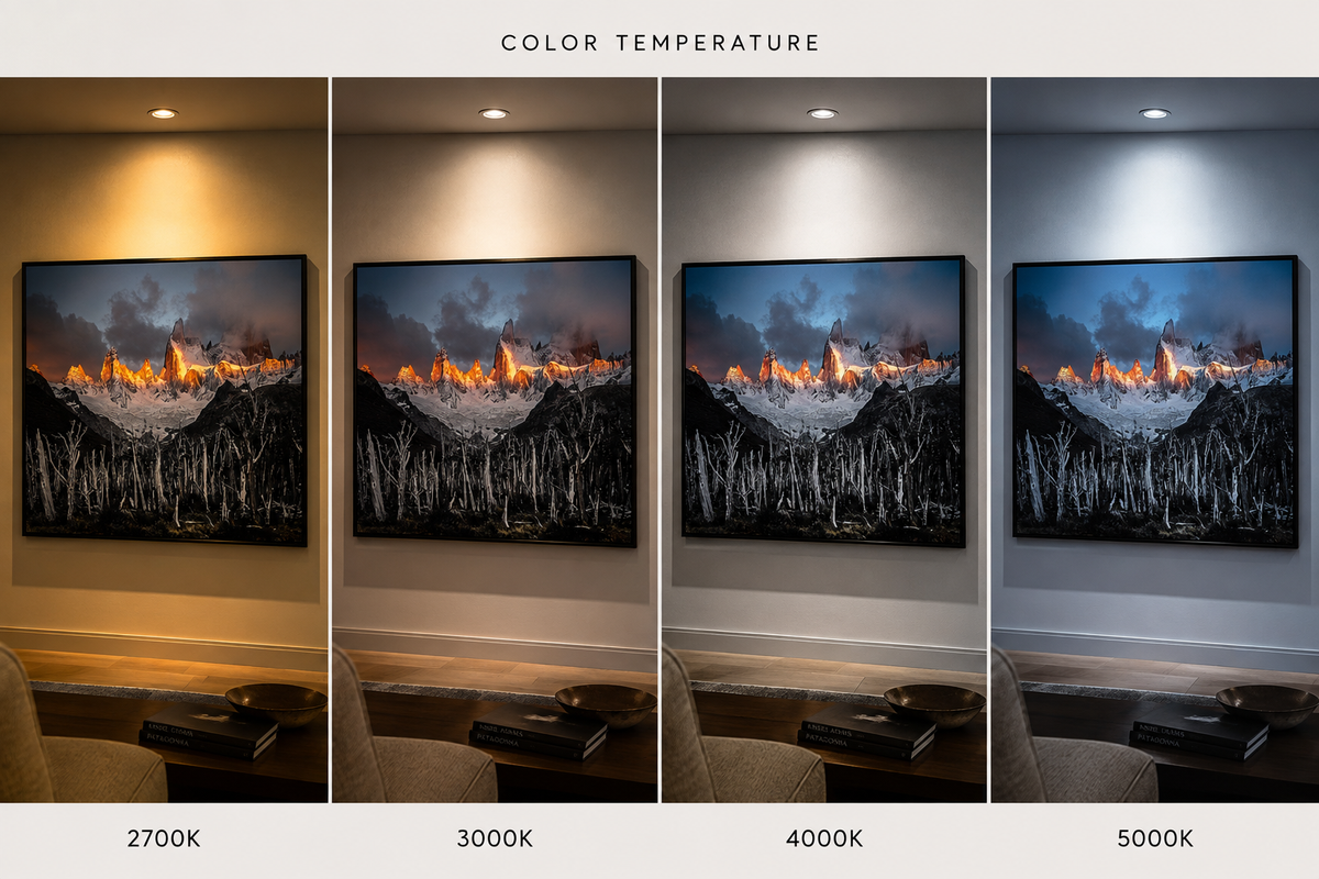 Same print under 2700K, 3000K, 4000K, and 5000K light