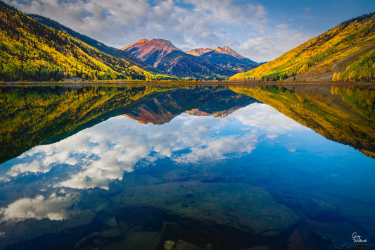 Autumn mountains and golden aspens reflected perfectly in the still waters of Crystal Lake fine art photography print by Greg Westbrook