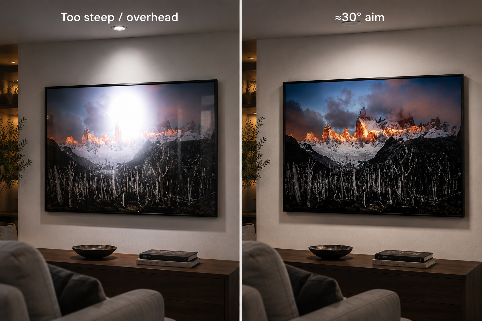 Overhead glare versus correct angled light on a reflective print
