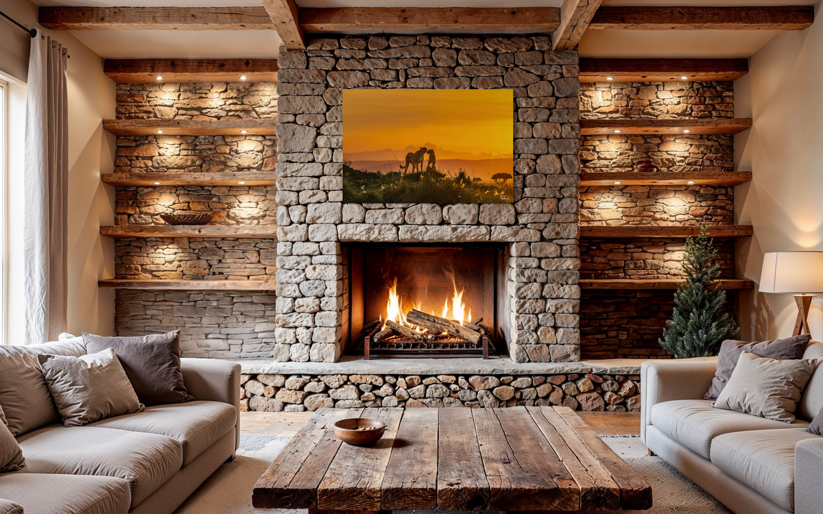 Tender Moment, Golden Light — Modern Living Room, Above fireplace (32 x 48)